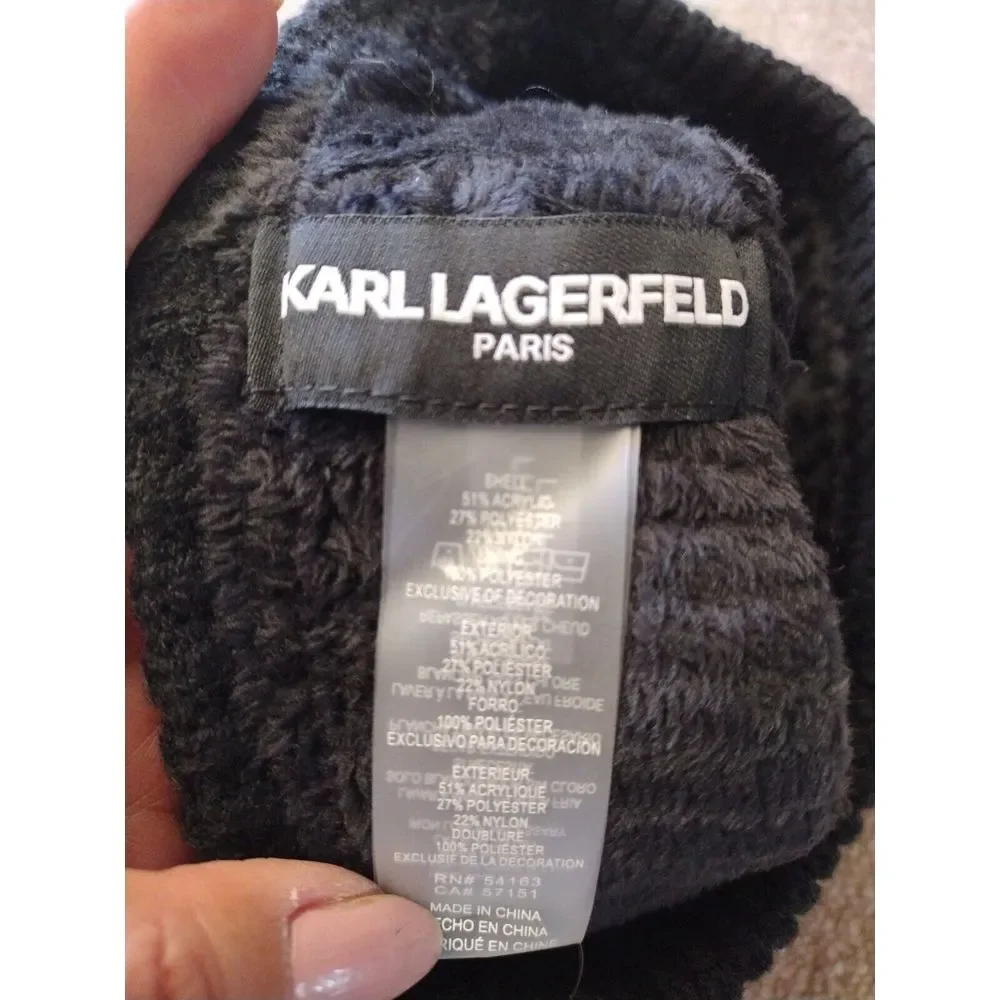 Karl Lagerfeld‎ Paris Beanie Women's One Size Black Knit Pom Rhinestone Logo